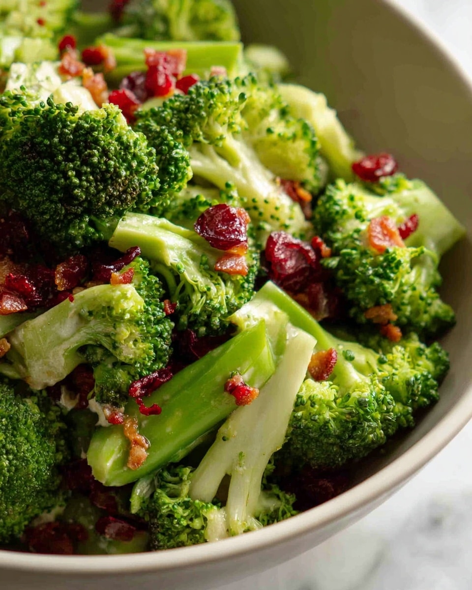 The image shows a close-up view of a salad in a white bowl placed on a white marbled surface. The salad has three main layers visible: bright green broccoli florets with their rough and dense texture, small red pieces that look like bits of bacon or similar ingredient scattered over the broccoli, and pale green stalk pieces of broccoli that appear tender and crisp. The colors contrast well, with the green shades of broccoli taking most of the space and red bits adding bright spots throughout. Photo taken with an iphone --ar 4:5 --v 7