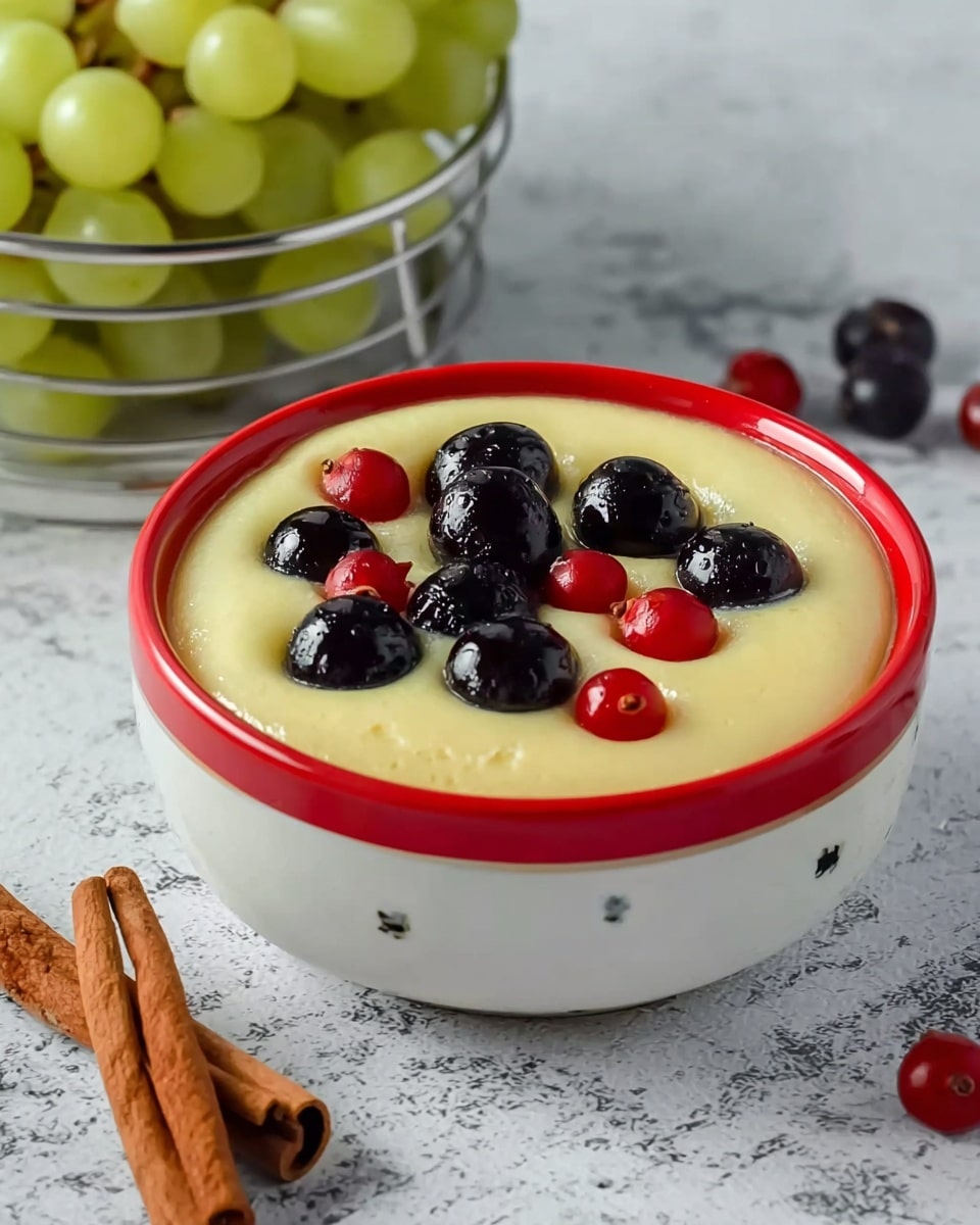 A white bowl filled with a creamy, light beige pudding base topped with fresh blueberries and small red strawberries arranged evenly across the surface, creating a mix of dark blue and red pops of color on the smooth cream layer. Next to the bowl, there are two brown cinnamon sticks placed on a white marbled background. To the top right of the bowl is a clear glass cup filled with golden liquid. The scene is bright and simple, with the bowl centered on the marbled white surface. Photo taken with an iphone --ar 4:5 --v 7