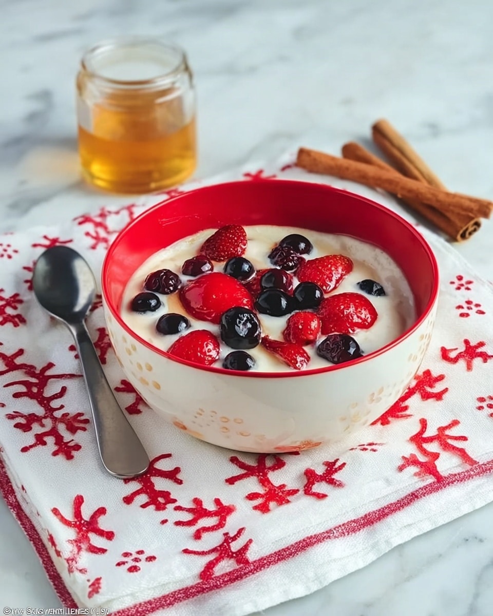 A white bowl with a red inside is filled with a smooth white creamy dish, topped with whole red strawberries and dark blue blueberries scattered on top. The bowl is placed on a white cloth with red coral-like patterns, and next to it are two cinnamon sticks and a small glass container of golden honey. The setting is on a white marbled surface. photo taken with an iphone --ar 4:5 --v 7