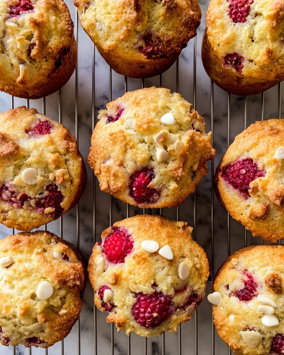 The image shows a group of golden brown muffins resting on a metal cooling rack placed over a white marbled surface. Each muffin has a slightly rough, crumbly texture with a light golden-yellow color. Bright red raspberries are visible peeking through the tops of the muffins, scattered in no particular pattern. Small white nut pieces or chocolate chips are embedded evenly across the tops and sides of each muffin, some slightly toasted to a darker brown. The muffins have uneven, cracked tops that add to their rustic look, and they are set close together, filling the frame evenly. Photo taken with an iphone --ar 4:5 --v 7