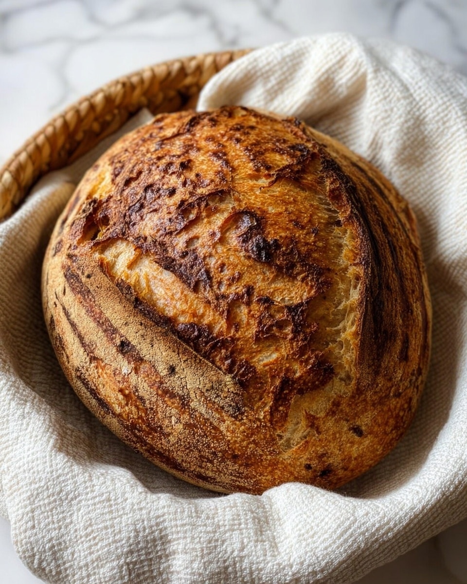 A round loaf of bread with a thick, dark golden-brown crust showing deep textured cracks and swirls, resting on a soft, white textured cloth inside a shallow wicker basket, all placed on a white marbled surface. photo taken with an iphone --ar 4:5 --v 7