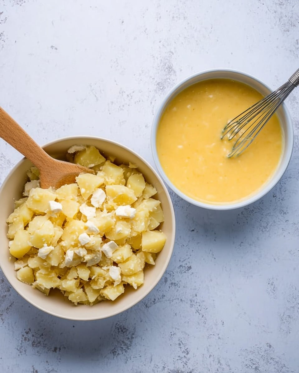 A white bowl filled with chopped yellow potatoes that have a soft, crumbly texture with small white pieces scattered on top, and a wooden spoon resting inside the bowl on the left side. Next to it on the right, there is a smaller white bowl with a smooth, thick yellow sauce and a small metal whisk inside. Both bowls are placed on a white marbled surface. photo taken with an iphone --ar 4:5 --v 7