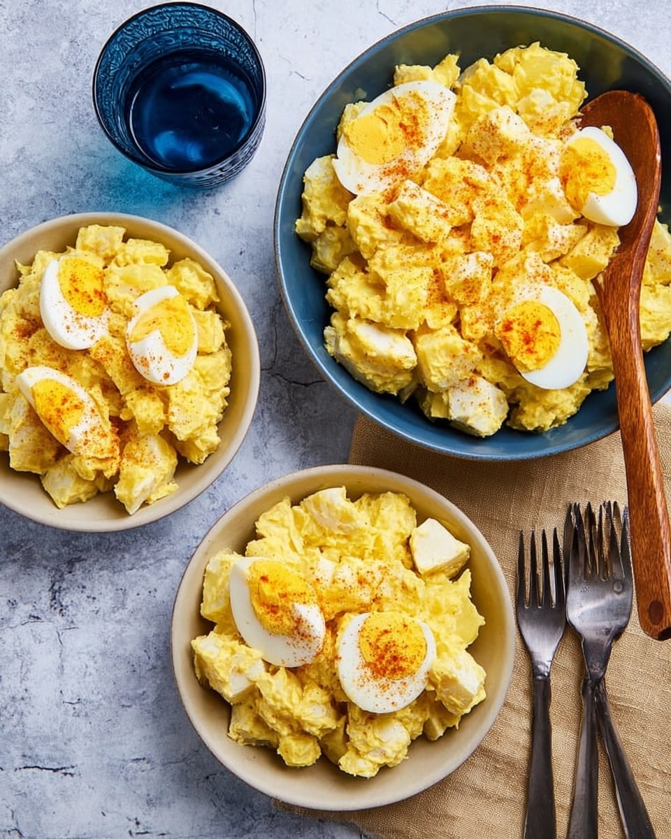 The image shows three white bowls filled with yellow potato salad, each bowl topped with quartered hard-boiled eggs sprinkled with paprika. The potato salad has chunky pieces with creamy texture and a yellowish color. The largest bowl is on the right with a wooden spoon resting inside it, while two smaller bowls are positioned to the left. The background and surface are a white marbled texture, and there is a dark blue glass and two forks placed next to the bowls on a beige cloth. Photo taken with an iphone --ar 4:5 --v 7