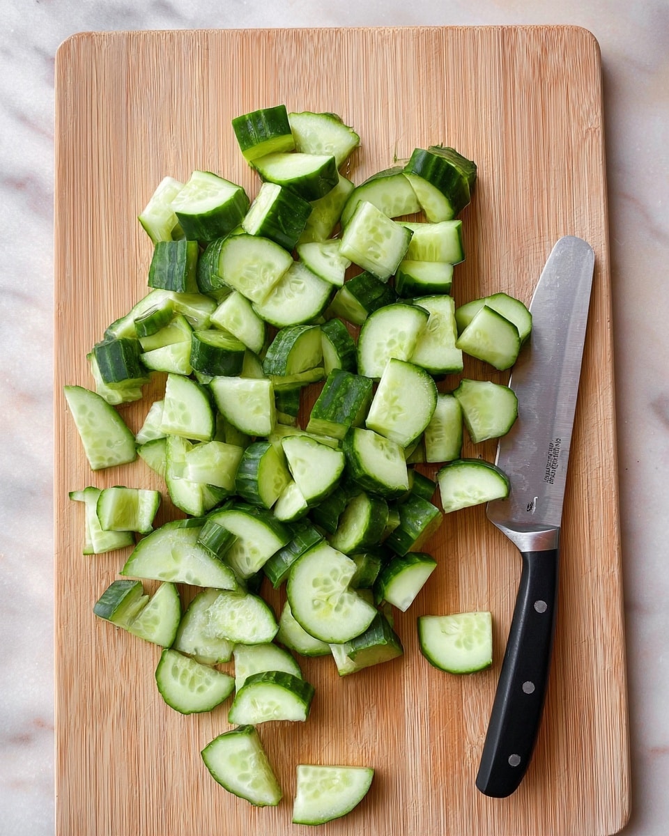 The image shows a wooden cutting board placed on a white marbled surface, with many pieces of chopped cucumber spread across it. The cucumber slices are thick and vary between round and half-moon shapes, showing dark green skin and lighter green inner flesh with seeds. A knife with a black handle and silver blade lies on the right side of the cutting board, with the blade facing inward toward the cucumber pieces. The overall scene is bright with natural light, showing a fresh and simple food preparation moment. photo taken with an iphone --ar 4:5 --v 7