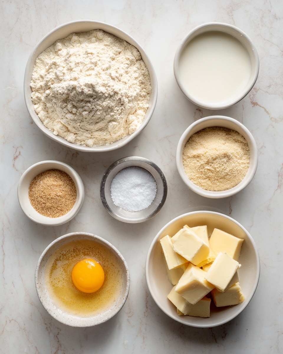 The image shows seven white bowls and a small metal cup on a white marbled surface, each containing different baking ingredients. At top left, a large bowl is full of light beige bread flour with a soft, powdery texture. To the right, a big bowl holds white whole milk, smooth and opaque. Below the bread flour is a small metal cup with fine salt in a light gray shade. Near the center, a small white bowl contains light tan sugar with tiny grains. At bottom left, another white bowl has a beaten, yellow-orange egg with a frothy texture. To the right, a clear glass bowl holds light brown yeast granules. Finally, the bottom right white bowl shows cubed unsalted butter in pale yellow blocks with a smooth, slightly shiny surface. Each bowl is neatly arranged with clear labels next to or below them on the marbled surface, photo taken with an iphone --ar 4:5 --v 7