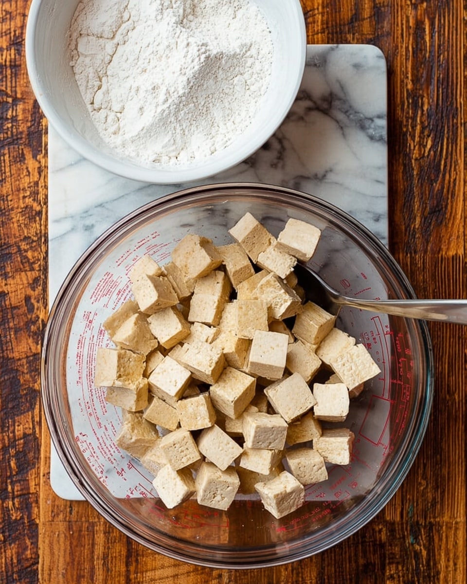 The image shows a clear glass measuring bowl filled with medium-sized cubes of tofu with a light brown color, indicating they have been marinated or seasoned. Inside the bowl to the right, a metal spoon rests among the tofu cubes. Above the bowl, there is a white bowl filled with a white powdery substance, likely cornstarch, placed on a white marbled surface. The scene is set on a rustic wooden table that contrasts with the white marbled area. Photo taken with an iphone --ar 4:5 --v 7