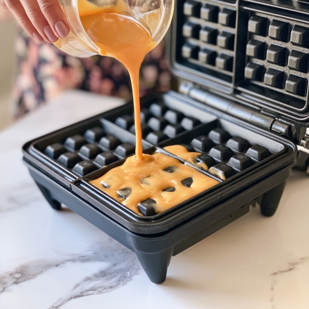 A black waffle maker is open on a white marbled surface, with a woman's hand pouring light orange batter from a clear container onto the bottom waffle plate, showing the first layer of waffle batter flowing smoothly into the square grooves. The waffle maker has a textured grid pattern on the plates. The background is softly blurred but shows a floral patterned outfit. Photo taken with an iphone --ar 4:5 --v 7