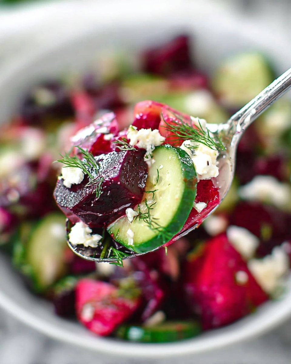 A white bowl filled with a salad of deep red beetroot chunks as the base layer, topped with bright green, curved cucumber slices arranged evenly around the bowl. Scattered over the salad are small white crumbles of cheese and light green sprigs of fresh dill, adding texture and color contrast. The bowl sits on a grey wooden surface next to a striped blue and white cloth, a silver spoon, lemon halves, and fresh dill sprigs. Photo taken with an iphone --ar 4:5 --v 7