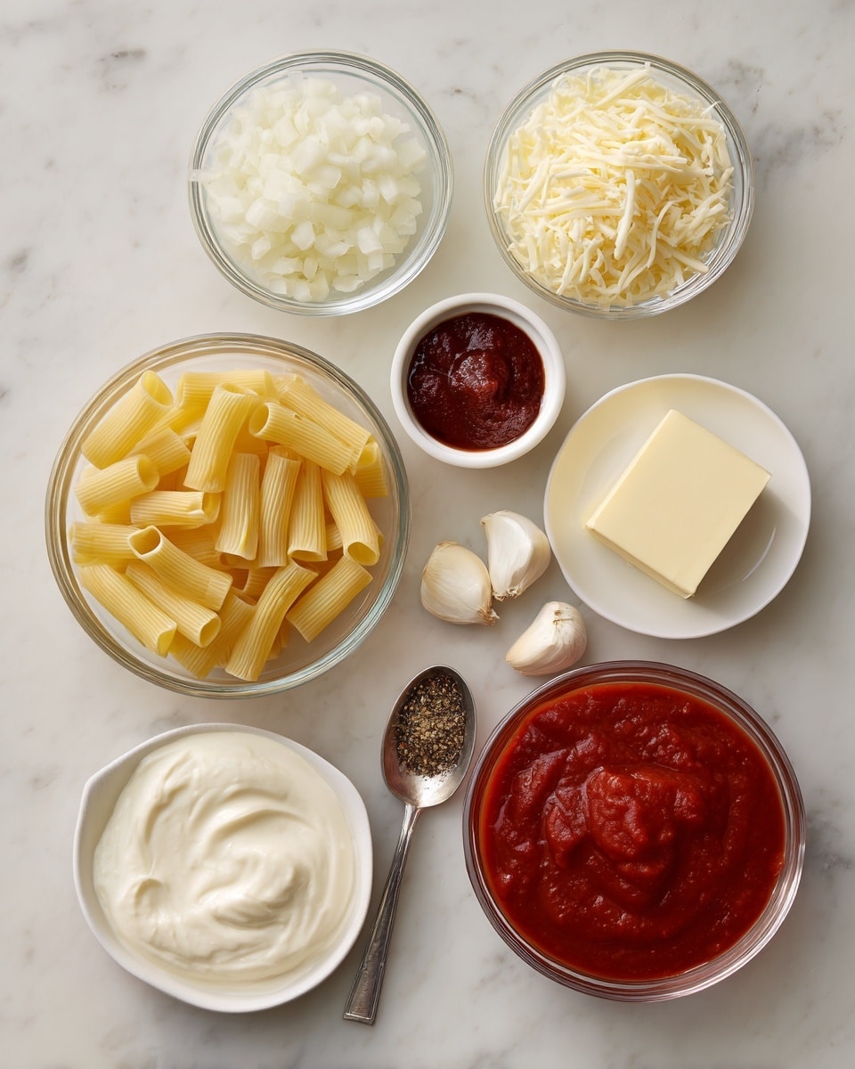 A flat lay shows eight small white bowls and a spoon arranged on a white marbled surface. Centered is one clear bowl with uncooked yellow rigatoni pasta. Top left has a glass bowl with chopped white onions; top right has grated light yellow Parmesan cheese. Bottom right holds a small white bowl with dark red tomato paste, and bottom left has a clear bowl filled with smooth, off-white heavy cream. To the right of the heavy cream is a round white dish with a square of pale yellow butter. Between the butter and pasta is a silver spoon with dark Italian seasoning and two white garlic cloves. Below the pasta and to the right is a clear bowl filled with smooth, deep red tomato sauce. Each bowl's contents are clearly visible, showing bright and natural colors. photo taken with an iphone --ar 4:5 --v 7