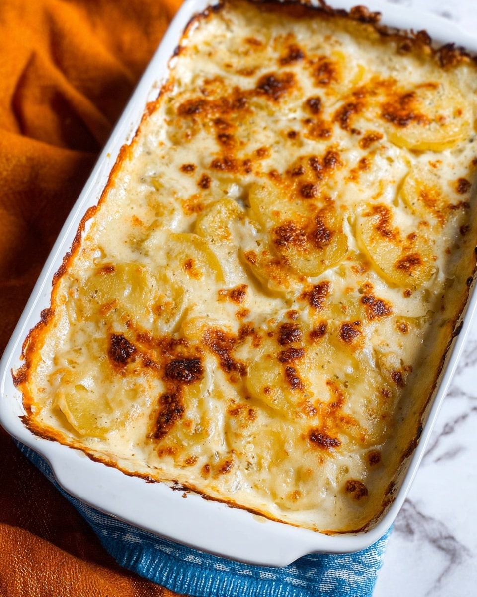 A white rectangular baking dish filled with a creamy potato casserole that has a golden brown and slightly crispy top layer. The dish shows unevenly spread layers of thin potato slices covered in a rich, smooth cream sauce that bubbles around browned edges. Some browned and darker spots appear, adding texture to the melted creamy surface. The baking dish is placed on a white marbled surface with an orange cloth in the background and a blue striped cloth under one corner of the dish. Photo taken with an iphone --ar 4:5 --v 7