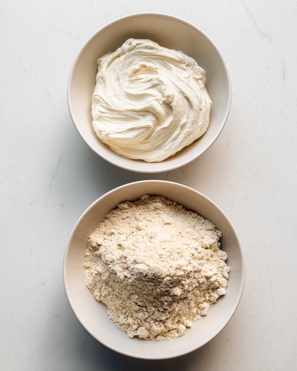 Two white bowls are placed on a white marbled surface; the top bowl holds a thick, creamy white Greek yogurt with a smooth but slightly uneven texture, while the bottom bowl contains a mound of fine, pale beige self-rising flour with a soft and powdery appearance. Both bowls cast faint shadows, emphasizing their round shapes and the natural look of the ingredients. Photo taken with an iphone --ar 4:5 --v 7