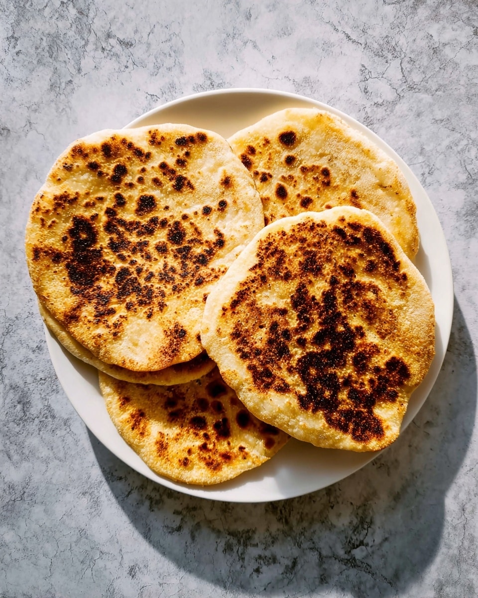 Three flat round breads with uneven golden brown and dark toasted spots rest on a white plate, slightly overlapping each other. The breads have a soft texture with rough edges, and the plate is placed on a white marbled surface background. The light highlights the texture and toasting of the breads clearly. photo taken with an iphone --ar 4:5 --v 7