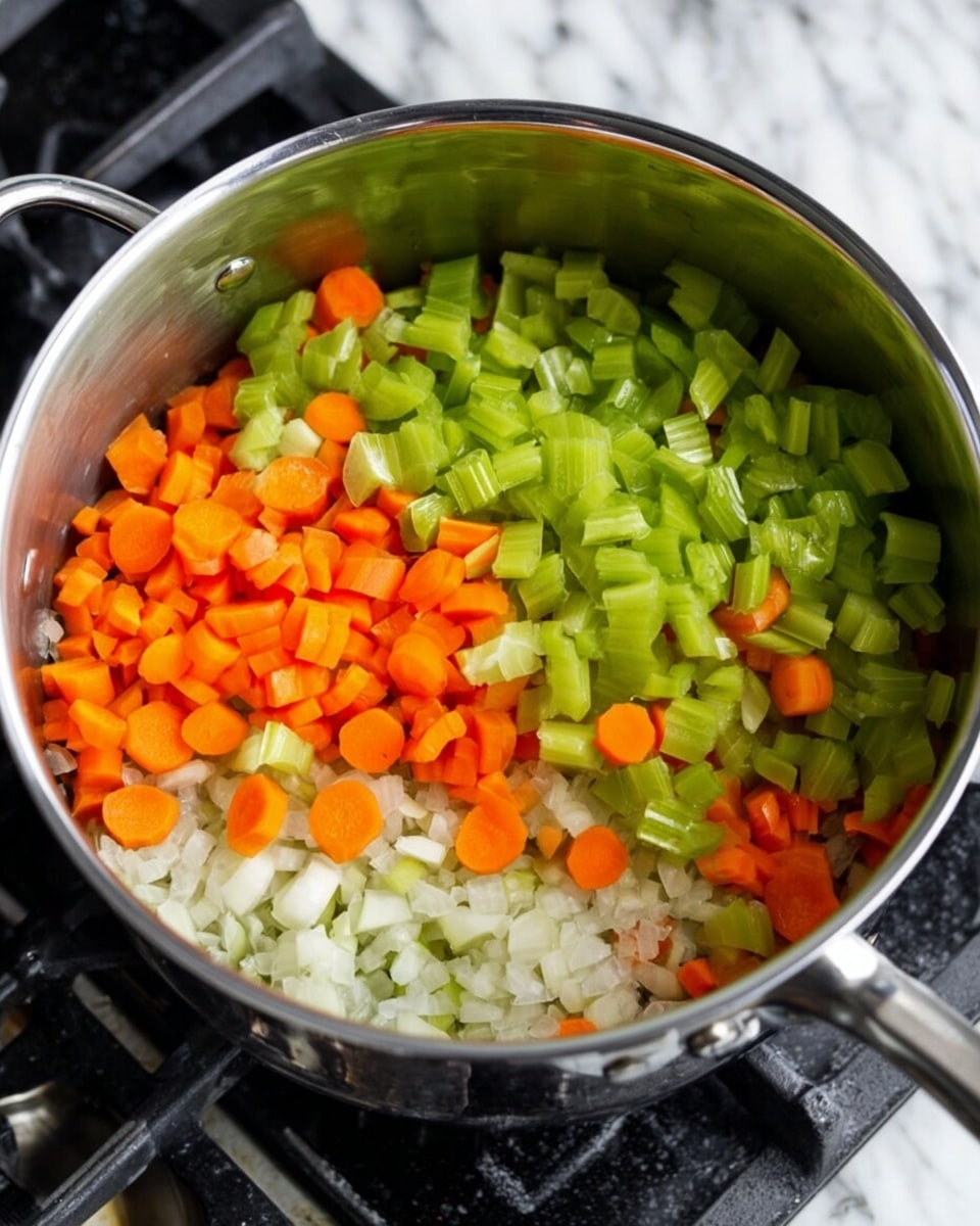 In a silver metal pot on a black stove burner, there are three layers of chopped vegetables. The bottom layer is white and finely chopped onions. Above that, there is a bright orange layer of sliced carrots. The top layer is made of light green sliced celery, all pieces cut evenly and resting loosely on each other. The background is a white marbled texture. photo taken with an iphone --ar 4:5 --v 7