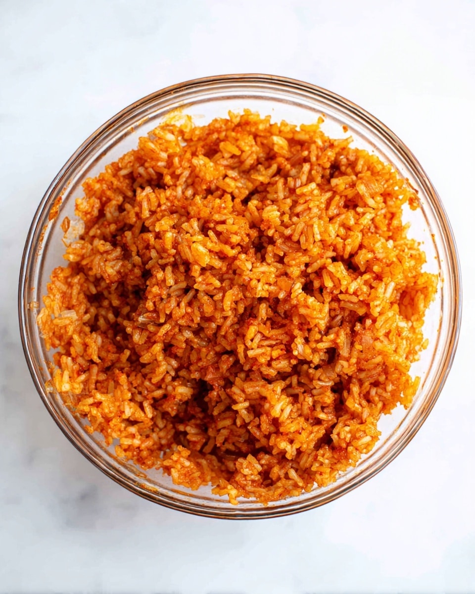A clear glass bowl filled with a single layer of cooked rice mixed with a red sauce, making the rice grains orange-red and slightly clumpy. The rice texture appears fluffy and moist, with some small bits of onion and spices scattered throughout, all sitting on a white marbled surface. The bowl's round edge is visible, and rice grains stick lightly to the side of the bowl. photo taken with an iphone --ar 4:5 --v 7