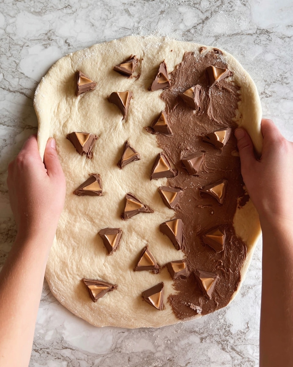 A flat, unevenly stretched dough shows two layers: one side is light beige and smooth, while the other side is dark brown with a slightly glossy texture. Scattered across the beige part are small, triangular chunks of chocolate with peanut butter filling, some also partly resting on the brown dough. Two woman’s hands stretch the dough at opposite corners over a white marbled surface, creating a slight pull and tension in the dough. The chocolate pieces add a rich contrast in deep brown and tan against the dough. Photo taken with an iphone --ar 4:5 --v 7
