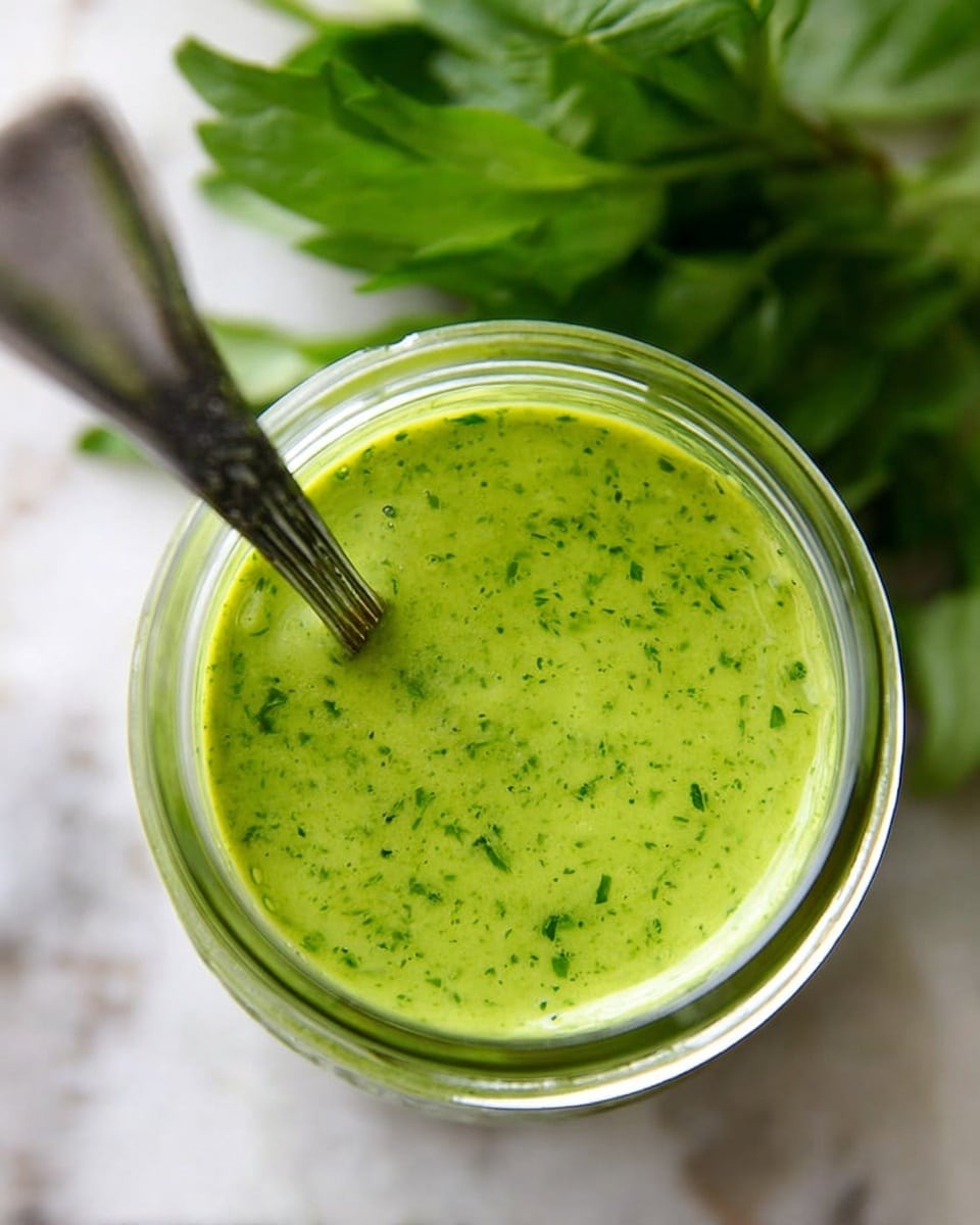 A close-up top view of a jar filled with bright green sauce that is smooth and slightly thick with small darker green flecks spread through it. A silver spoon rests on the left side of the jar, partially inside the sauce. Behind the jar, there are fresh green leaves that are slightly out of focus, and the surface is a white marbled texture. The photo taken with an iphone --ar 4:5 --v 7