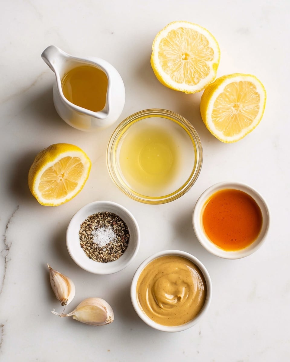 The image shows six small bowls and containers arranged on a white marbled surface. The top center has a clear glass bowl filled with a light yellow liquid. To the left, there is a white small pitcher with a spout holding a golden liquid. To the right of the glass bowl is a small white bowl with a deep orange liquid. Below the glass bowl is another smaller clear glass bowl filled with smooth tan mustard. To the bottom left is a small white bowl with a mix of coarse black pepper and white salt. Around the bowls, there are two lemon halves with bright yellow flesh and two garlic cloves with pale beige skin. Photo taken with an iphone --ar 4:5 --v 7