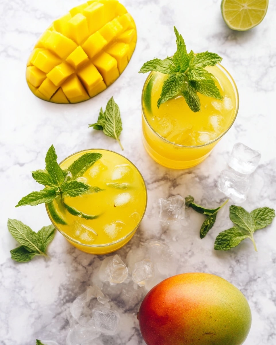 The image shows two white glasses filled with bright yellow juice and ice cubes, each glass garnished with a green lime slice and a small bunch of fresh green mint leaves on the rim. Above the glasses, there is a mango half with its flesh cut into a grid pattern, showing bright yellow cubes. Below the glasses, a whole mango with yellow and red skin is placed. Scattered around are ice cubes and a few sprigs of fresh mint leaves on a white marbled surface. A yellow lime wedge is visible near the top right corner. photo taken with an iphone --ar 4:5 --v 7