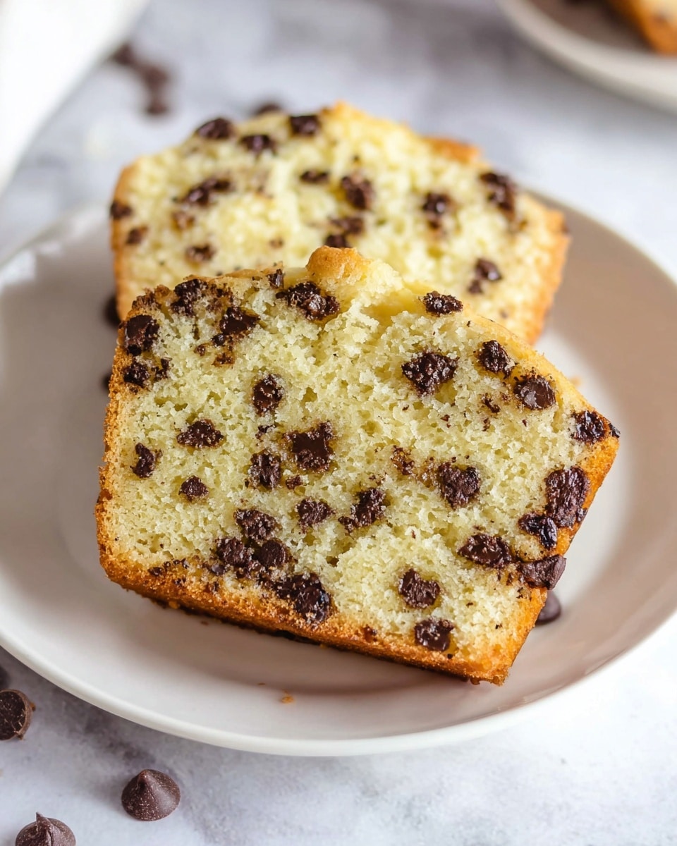 Two slices of light yellow chocolate chip muffin sit on a white plate. The muffins have a soft, moist texture with many small and large dark brown chocolate chips spread evenly inside and on the surface. The edges of the muffin are slightly golden brown from baking. The plate is placed on a white marbled surface with a few chocolate chips scattered around. Photo taken with an iphone --ar 4:5 --v 7