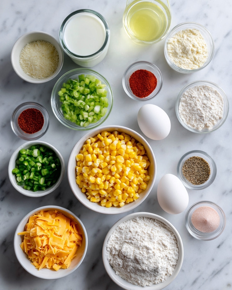 The image shows various ingredients neatly arranged on a white marbled surface. In the center, a white bowl is filled with bright yellow corn kernels. Around it, there are small white bowls with chopped green jalapeño and green onion on the left and top right, and shredded orange cheddar cheese at the bottom left. A clear glass holds white milk near the center, while a white bowl on the right contains one white egg. A clear glass container with light yellow oil is at the top left, and a small white bowl with light green lime juice is near the bottom left. Several small clear bowls contain powdered spices – bright red paprika, light brown garlic powder, white baking powder, black pepper, and pink salt – arranged on the right side. Finally, a small white bowl of white all-purpose flour is at the left. Each ingredient is labeled with black text on white labels. Photo taken with an iphone --ar 4:5 --v 7