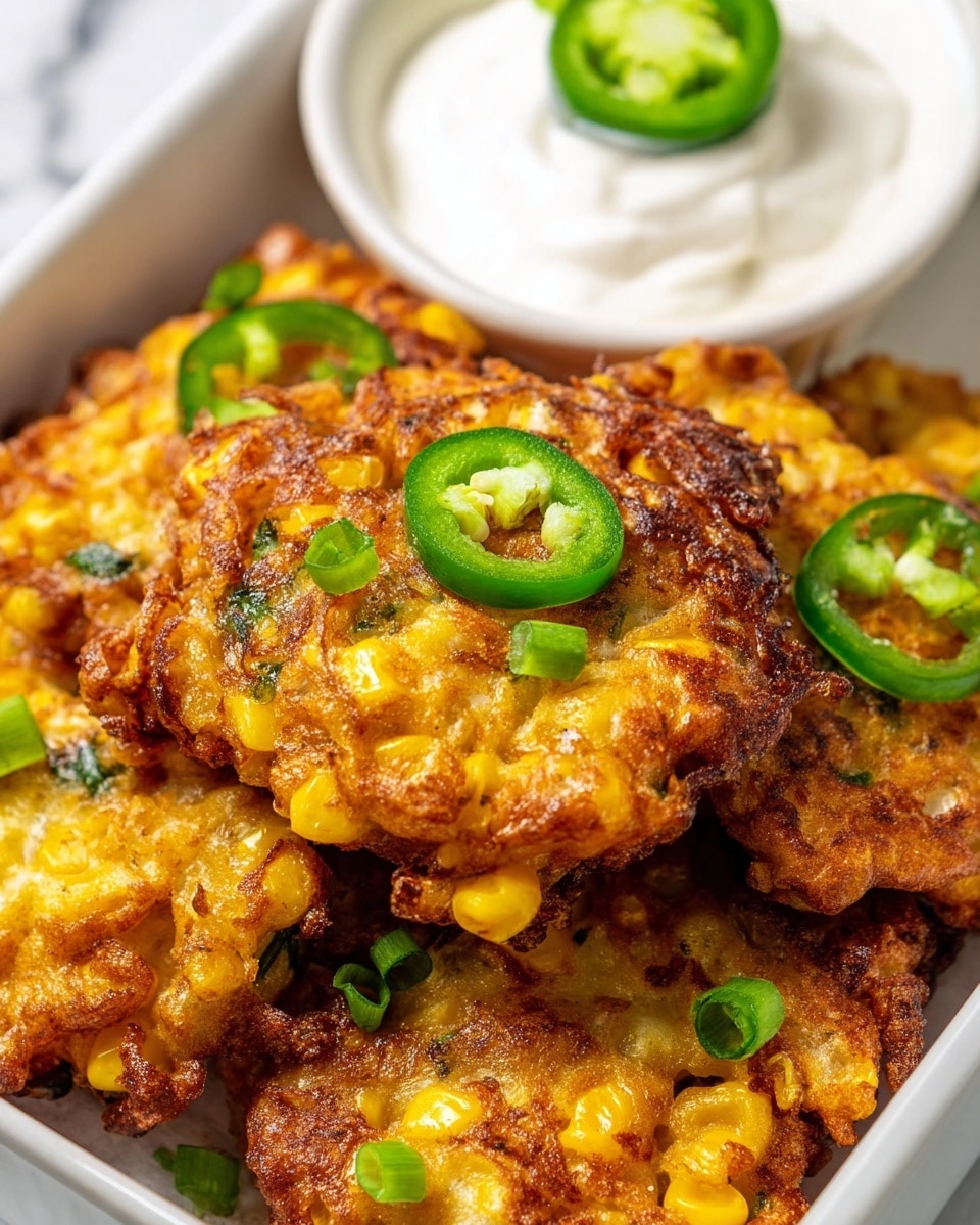 A close-up of several golden brown corn fritters stacked together in a white tray, each fritter showing a crispy texture with visible kernels of yellow corn and small green bits of herbs. The fritters are topped with thin slices of green jalapeño pepper and chopped green onions scattered over and around them. At the top back of the tray is a small white bowl filled with smooth white sour cream, garnished with a small green onion piece. The tray rests on a white marbled textured surface photo taken with an iphone --ar 4:5 --v 7