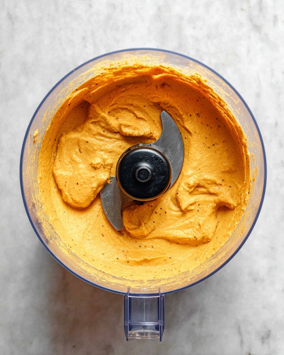 The image shows a clear food processor bowl filled with a thick, smooth orange mixture that has a creamy texture with tiny specks. The mixture fills about three-quarters of the bowl and has an even surface with soft peaks and small dips. The black blade is visible in the center, slightly coated with the orange mixture. The food processor is set on a white marbled surface. photo taken with an iphone --ar 4:5 --v 7