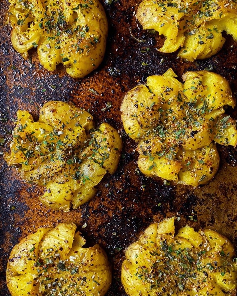 The image shows several golden-yellow smashed potatoes with a rough, uneven texture, spread out on a dark, well-used baking tray. Each potato is flattened, with the skin intact, showing crispy brown edges and a soft, soft interior. They are sprinkled with green dried herbs that add a speckled visual contrast on top of the potato surfaces. The potatoes are arranged in a loose grid pattern on the dark tray, which has a worn, rustic appearance with shades of brown and black from baking. photo taken with an iphone --ar 4:5 --v 7