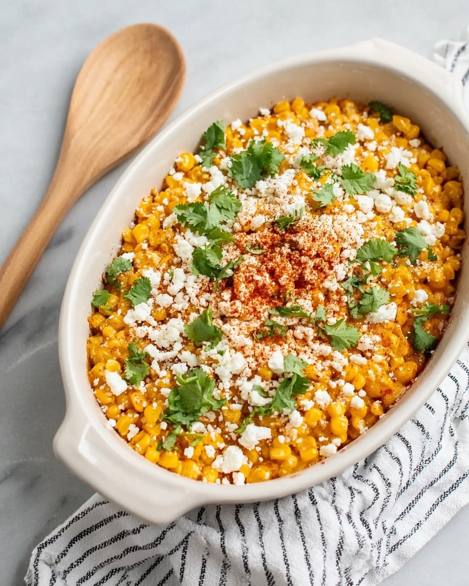 A white oval dish filled with bright yellow corn kernels mixed with a reddish sauce, creating a warm and textured base layer. On top, there is a generous sprinkling of crumbly white cheese, covering most of the dish unevenly. Fresh green cilantro leaves are scattered over the cheese, adding a pop of color and freshness. A light dusting of red chili powder is visible near the center, creating a contrast with the white cheese and yellow corn. The dish sits on a white marbled surface, next to a wooden spoon and a white cloth with thin black stripes. Photo taken with an iphone --ar 4:5 --v 7