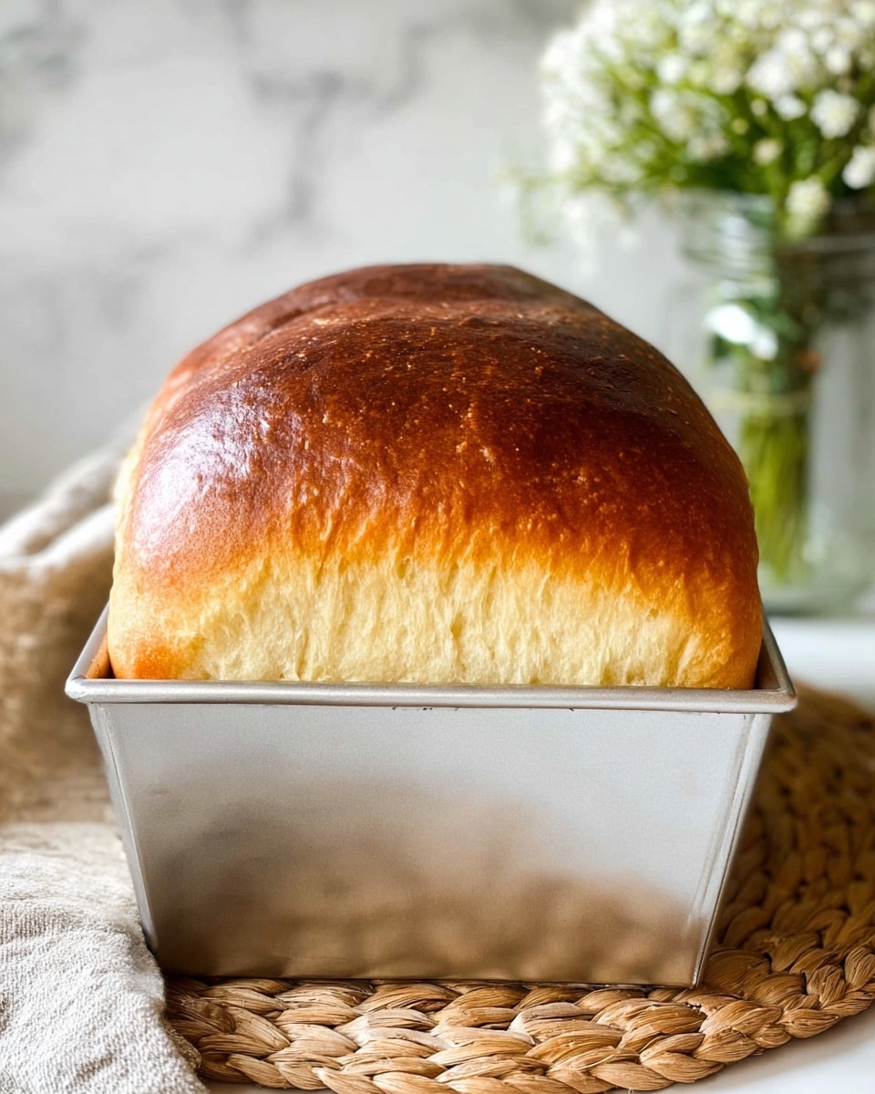 A single loaf of bread with a smooth, shiny, deep golden brown top layer that gradually fades to a light, fluffy cream color at the bottom. The loaf is tall and rounded with a soft texture visible on the lighter part. It sits inside a silver metal baking pan that has clean, simple lines and a slightly reflective surface. The pan rests on a woven natural fiber mat on a white marbled surface. In the background, there is a soft-focus glass jar with white flowers and green stems. photo taken with an iphone --ar 4:5 --v 7