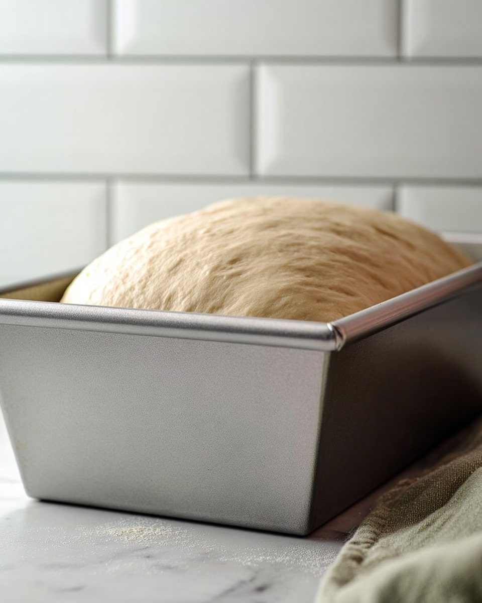 A close-up side view of a metal loaf pan filled with dough that has risen above the edges, showing a smooth, round dome-shaped top with a light beige color and soft texture. The pan sits on a white marbled surface, and the background features white subway tile walls. Photo taken with an iphone --ar 4:5 --v 7