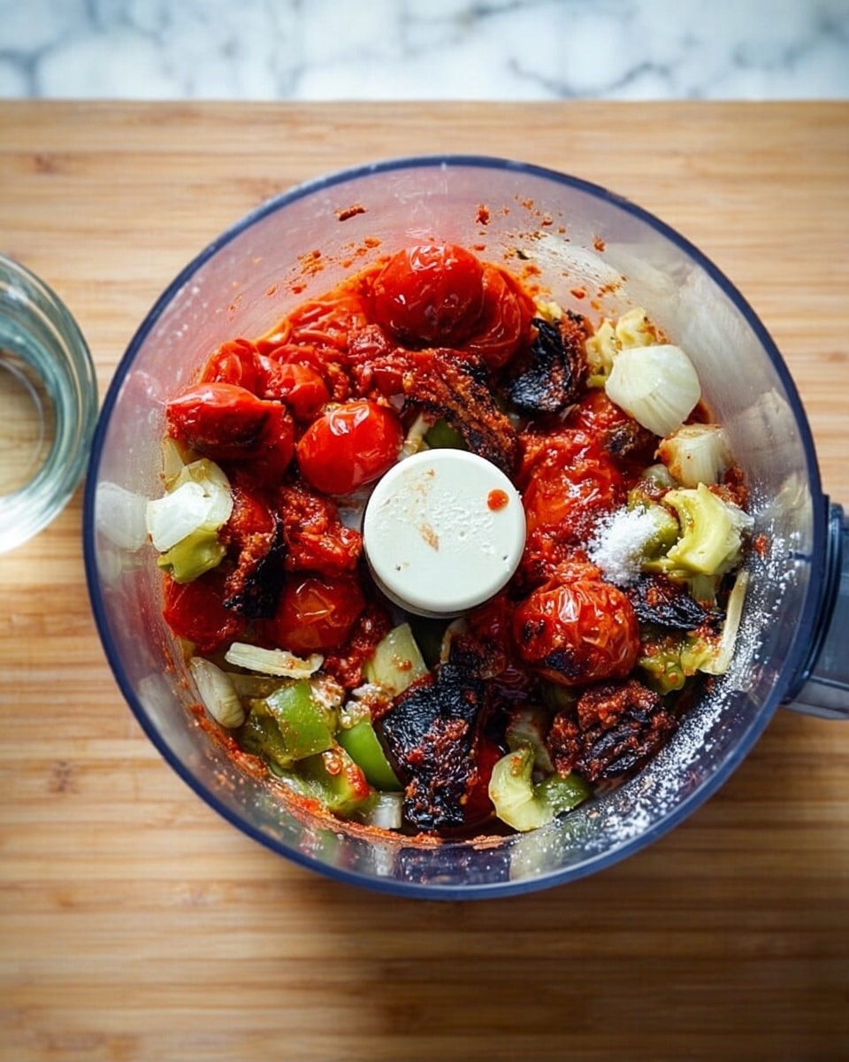 The image shows a clear food processor bowl on a light wood surface with roasted cherry tomatoes, chunks of green and white vegetables, and some blackened bits inside. The tomatoes are mostly bright red with some dark, burned spots, mixed with pale green and white pieces, and a central white plastic blade is visible. There is also a sprinkle of white granules on top, likely salt. To the left, a transparent small glass contains a clear liquid. The background is a white marbled texture. photo taken with an iphone --ar 4:5 --v 7