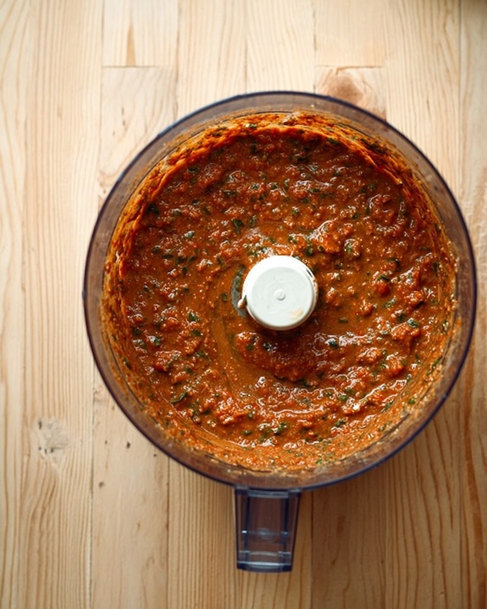 The image shows a top view of a food processor bowl filled with a textured sauce made of finely blended ingredients. The sauce is reddish-brown with visible small green and black specks mixed throughout. The food processor bowl is transparent with a handle and a central cylindrical post, sitting on a light wooden surface. The sauce looks moist and evenly blended but not too smooth, showing a mix of small chunks and puree. Photo taken with an iphone --ar 4:5 --v 7
