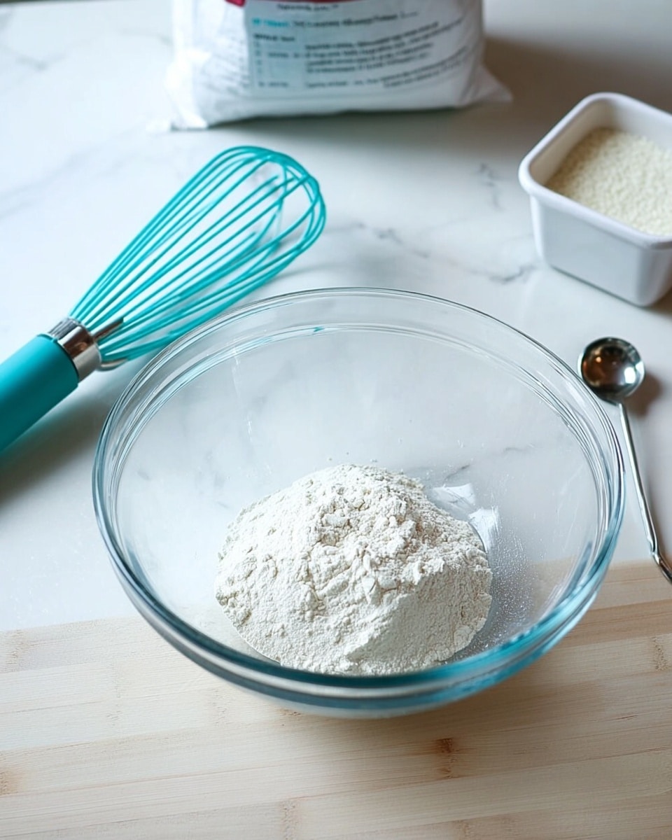 A clear glass bowl sits on a white marbled surface, holding a small pile of white flour in the center. To the left of the bowl is a turquoise whisk with a silver handle. Behind the bowl, on the right side, is a white plastic container with white granules inside and a small metal measuring spoon resting next to it. Also visible is the top part of a white bag of flour and a white digital kitchen scale partially shown at the top left. The scene is lit softly, showing a clean and simple baking setup. photo taken with an iphone --ar 4:5 --v 7