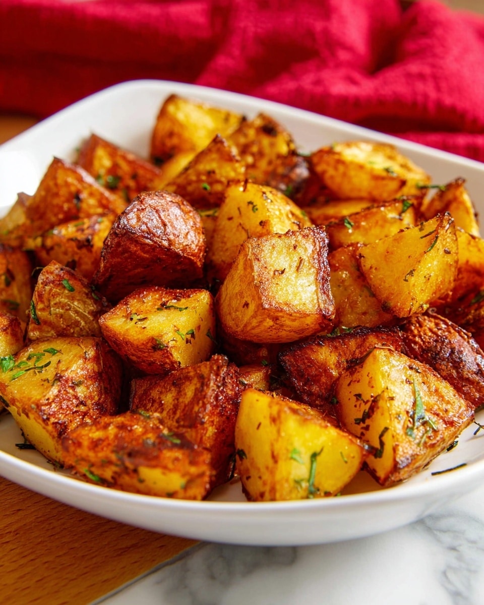 The image shows a black speckled pan filled with golden brown cubed potatoes and white onion pieces frying in bubbling oil. The potatoes are mostly yellow with crisp browned edges, and the onion pieces are scattered evenly among them, showing slight translucence. The pan sits on a stove, and the surface around has a white marbled texture. photo taken with an iphone --ar 4:5 --v 7