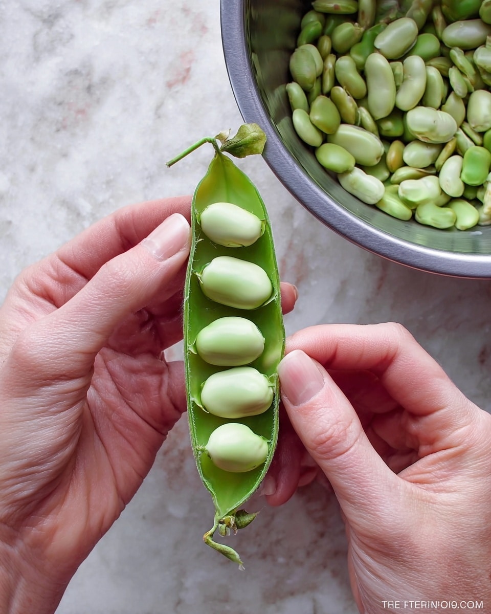 A pair of woman's hands are holding an open green pod showing five pale green beans inside, lined up in the pod’s soft, light green interior. Behind, there is a steel bowl filled with more pale green beans on a white marbled surface. The scene is brightly lit and focused on the pod. Photo taken with an iphone --ar 4:5 --v 7