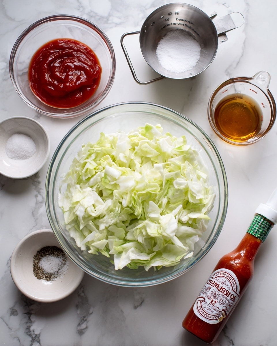 A clear glass bowl is filled with chopped pale green cabbage, sitting on a white marbled surface. Around it, there are separate glass and metal containers holding different ingredients: a glass bowl with thick red ketchup, a glass measuring cup with amber apple cider vinegar, and a metal measuring cup filled with white granulated sugar. A small white bowl contains salt and black pepper. A bottle of red hot sauce with a green and white label lies on its side near the bowls. All items are neatly arranged on the white marbled background. photo taken with an iphone --ar 4:5 --v 7