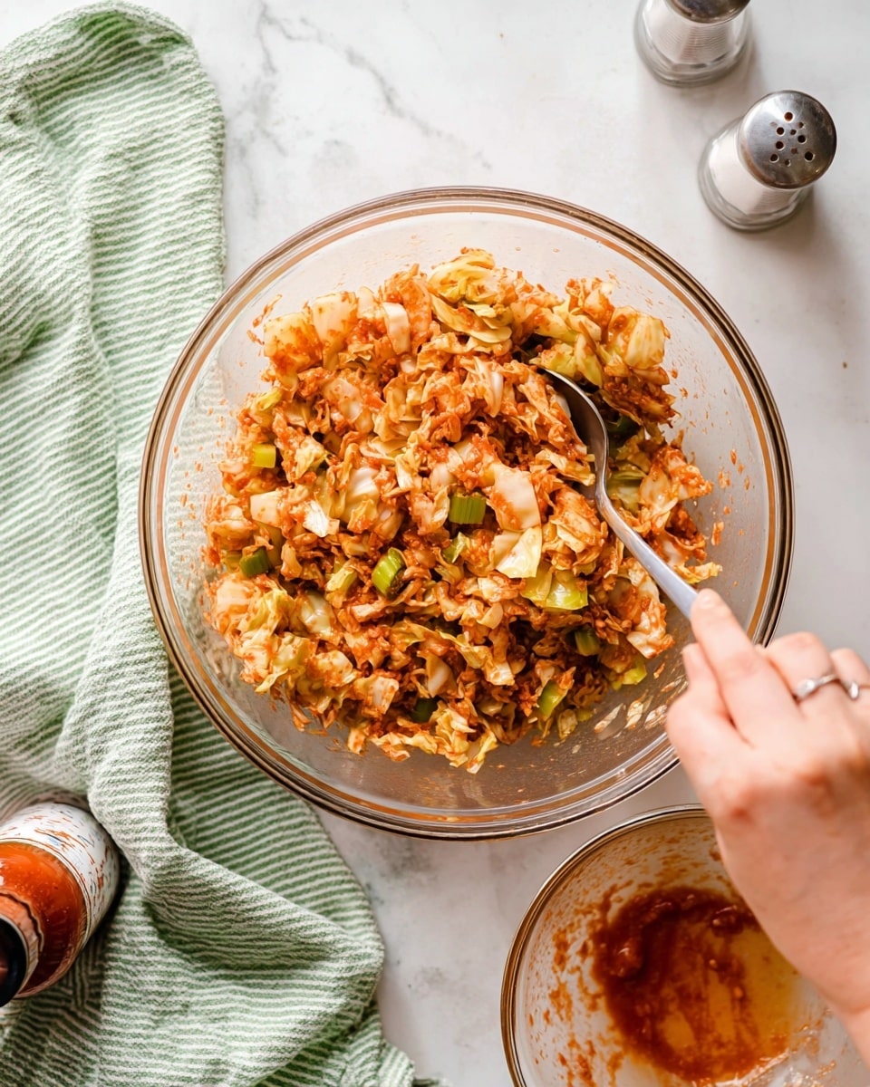 A clear glass bowl filled with chopped cabbage mixed with a reddish dressing, showing small pieces of light green celery scattered throughout. A woman's hand is holding a metal spoon that is stirring the textured cabbage pieces, which have a combination of pale yellow, light green, and orange-red colors from the dressing. To the right, there is a smaller clear glass bowl with some leftover reddish dressing inside. In the background, a green and white striped cloth is spread on a white marbled surface, with salt and pepper shakers and a small bottle of hot sauce at the bottom left. Photo taken with an iphone --ar 4:5 --v 7