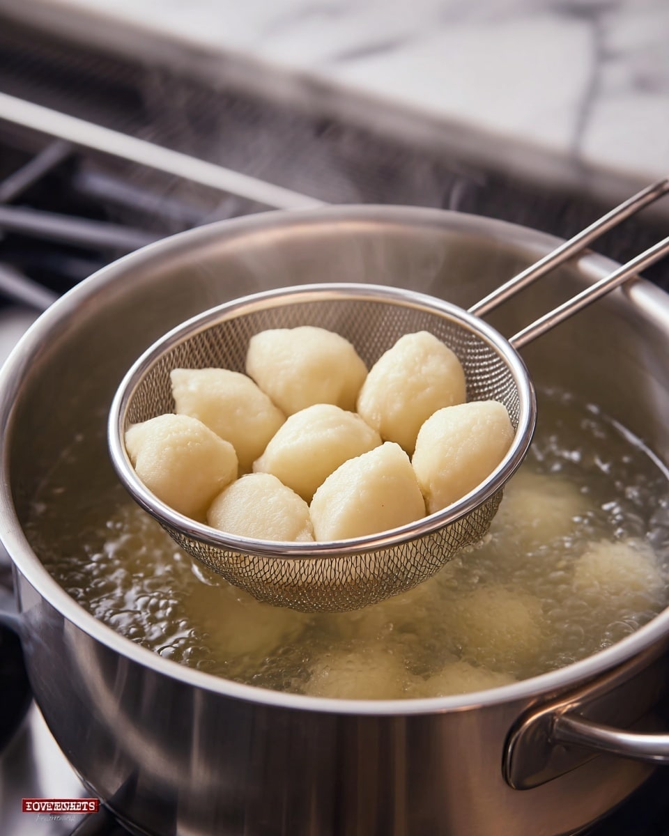 The image shows a round metal strainer holding about ten small, soft, light yellow dumplings with smooth, slightly shiny surfaces. These dumplings are above a wide silver pot filled with hot water, which has more dumplings submerged inside. The pot sits on a stove with a white marbled surface visible in the background. The strainer has a long metal handle extending to the right side of the photo. The scene is clear and well lit, showing steam lightly rising from the water. photo taken with an iphone --ar 4:5 --v 7