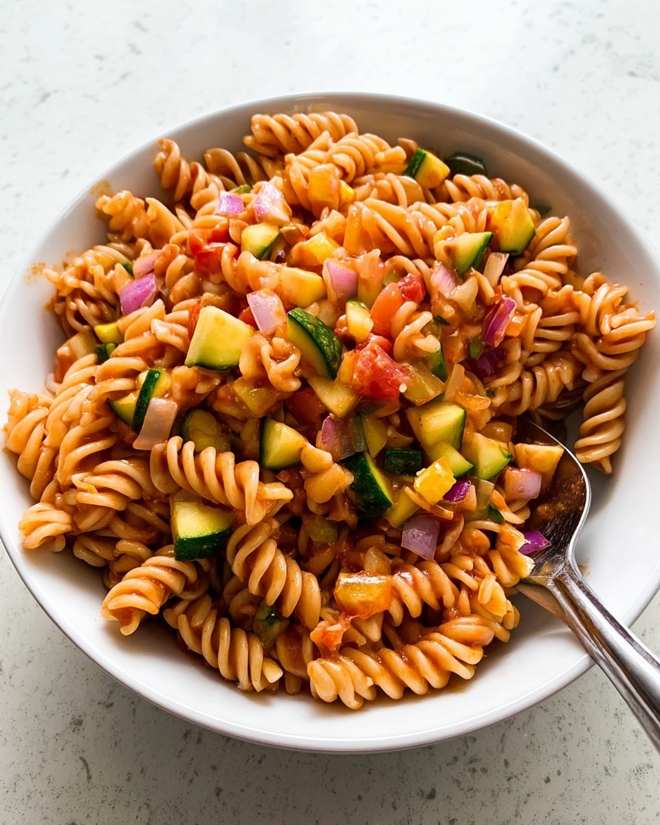A white bowl is filled with spiral-shaped pasta that has a light reddish sauce coating each piece. On top and mixed inside the pasta are small diced pieces of green bell pepper, yellow zucchini, red onion, and tomato, adding a mix of green, yellow, purple, and red colors throughout. A metal spoon rests inside the bowl on the right side. The bowl is placed on a white marbled surface. photo taken with an iphone --ar 4:5 --v 7