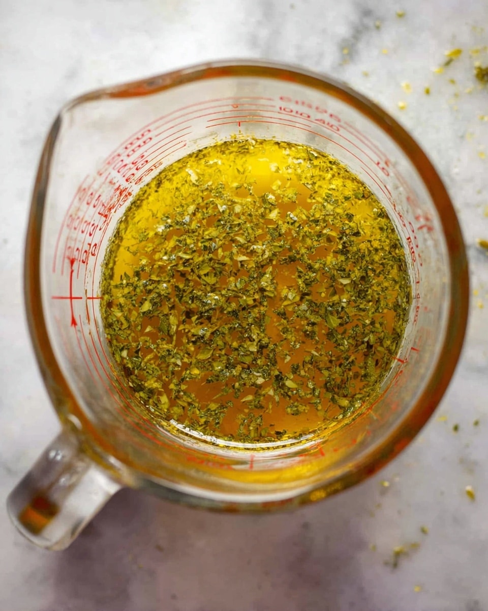 A glass measuring cup filled with a single layer of golden yellow oil mixed with small green herb flakes evenly spread throughout. The measuring cup is clear with red measurement markings, and the background is a white marbled surface with a few scattered small green herb bits and crumbs around. Photo taken with an iphone --ar 4:5 --v 7