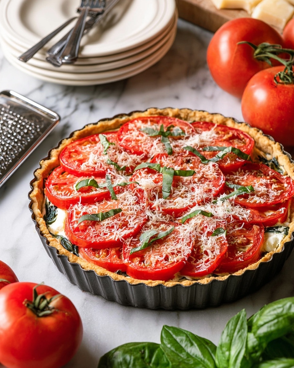A round tart with a golden brown crust forms the base, filled with a layer of creamy white cheese and green spinach leaves peeking out beneath. On top, there are two layers of bright red tomato slices arranged closely, sprinkled with grated white cheese and thin strips of fresh green basil. The tart is in a dark round metal pan placed on a white marbled surface. Around it, there are fresh whole tomatoes, a grater with some cheese, a metal server, white plates stacked with a fork on top, and fresh basil leaves. The photo taken with an iphone --ar 4:5 --v 7