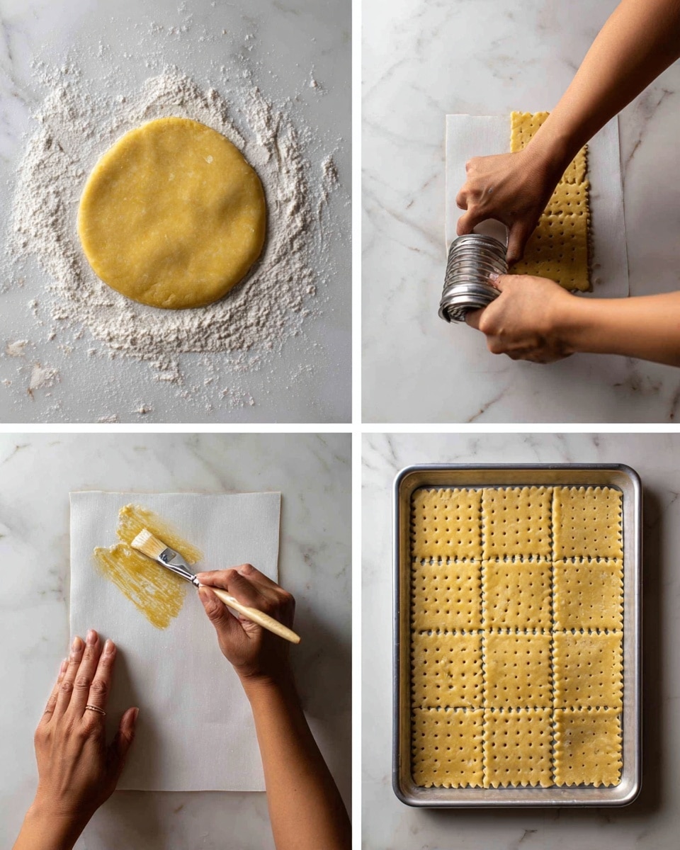 The image shows four steps of making a dough sheet divided into a collage. The top-left part has a woman's hand rolling out a round, light yellow dough on a white marbled surface dusted with flour. The top-right part displays a woman's hand using a pastry wheel to cut the dough into uniform squares on a white baking tray with a silver edge. The bottom-left section shows a woman's hand brushing an egg wash or glaze over the square dough pieces with a small brush, adding a shiny golden color. The bottom-right segment features a metal tool being used by a woman's hand to poke small holes evenly across each square, creating a textured pattern. Photo taken with an iphone --ar 4:5 --v 7