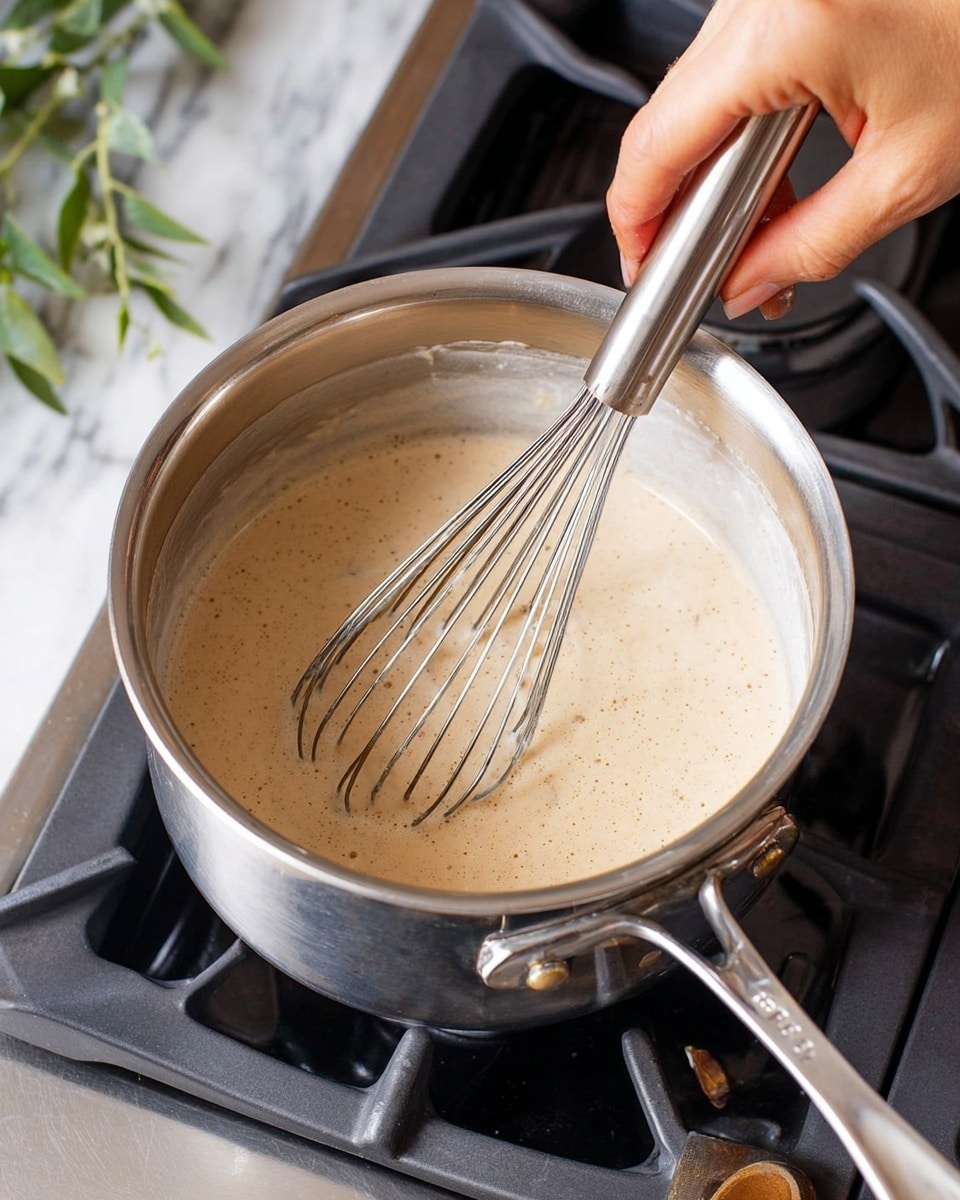 A shiny silver pot on a gas stove holds a creamy light beige sauce with tiny specks, being stirred by a woman's hand holding a silver whisk. The sauce fills the pot about halfway, showing a smooth, slightly thick texture. The stove and nearby area have dark gray and black parts, with a white marbled surface and blurred green leaves in the background. Photo taken with an iphone --ar 4:5 --v 7