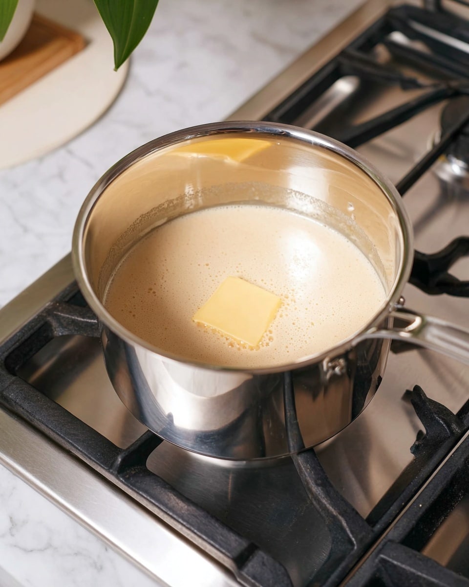 A shiny stainless steel pot sits on a stove burner, filled with a light beige creamy liquid that has a smooth texture. In the center of the liquid, there is a small square of yellow butter slowly melting. The stove and burner are silver with black grates, and the background surface shows a white marbled texture with a green plant partially visible and a white coaster placed on the countertop. Photo taken with an iphone --ar 4:5 --v 7