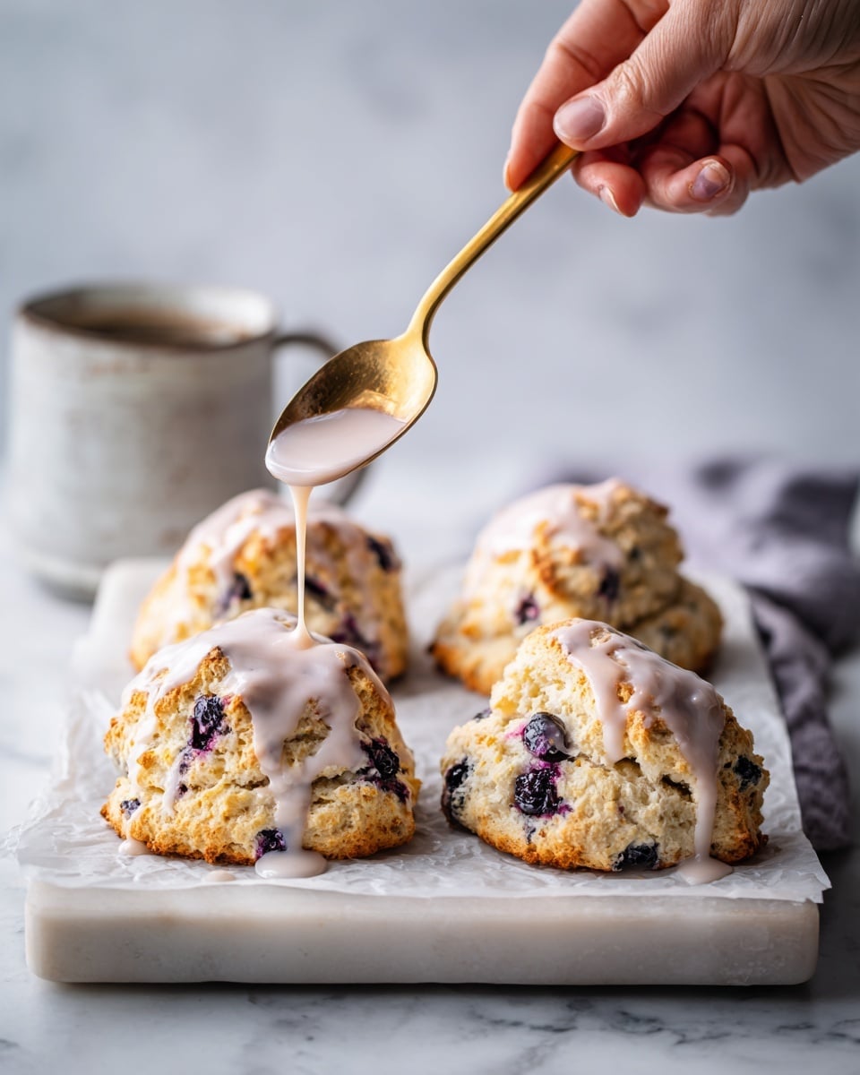 There are four thick blueberry scones on a white marbled tray lined with parchment paper. The scones have a light golden-brown crust with a rough texture and dark purple blueberries peeking out of the sides. A woman's hand is holding a golden spoon above one scone, pouring smooth, light pink glaze evenly over the top, some of it dripping down the side. The background is a white marbled surface. Photo taken with an iphone --ar 4:5 --v 7