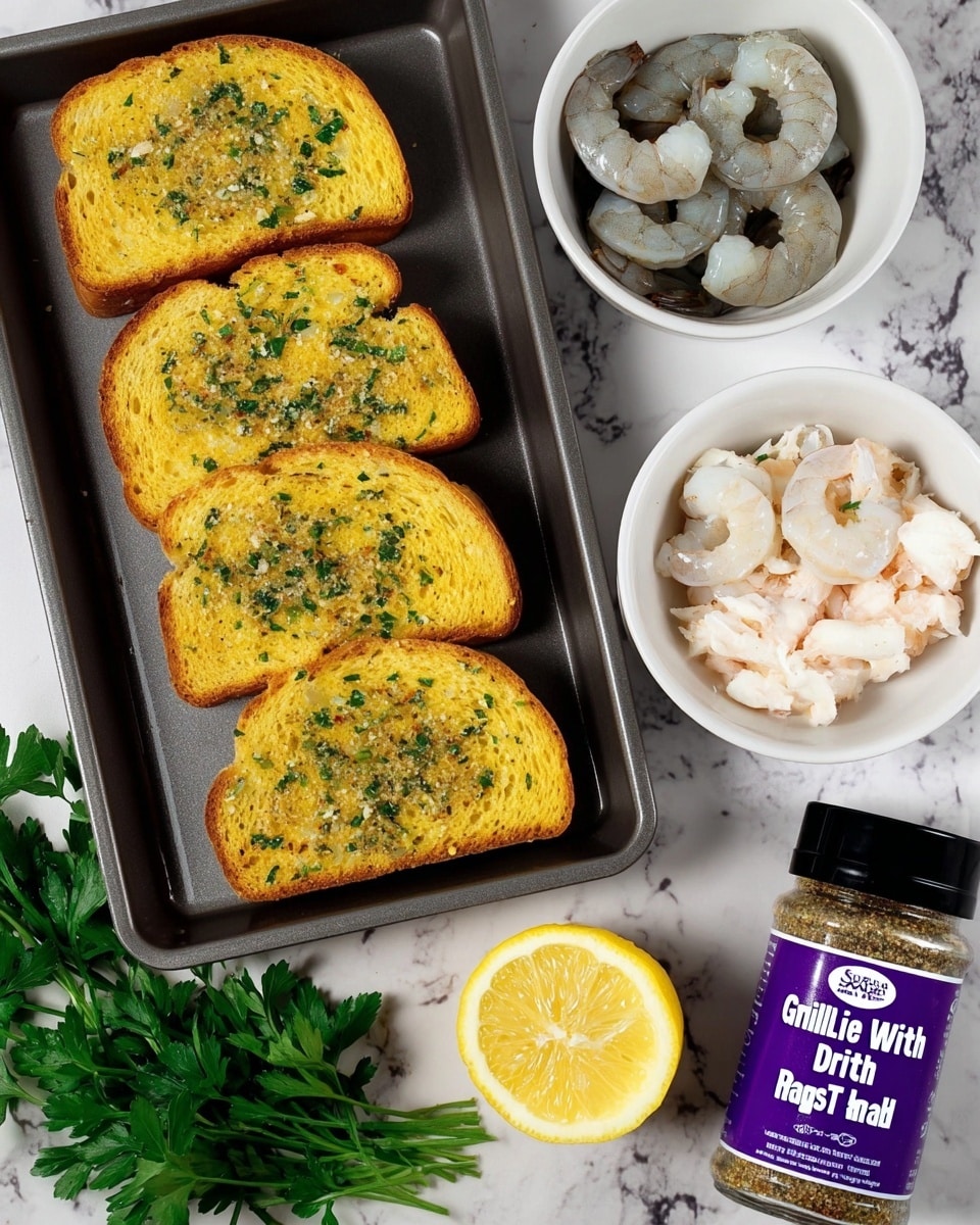 The image shows five slices of yellow garlic Texas toast, each with green herb specks, arranged in two rows inside a dark gray baking tray placed on a white marbled surface. To the right of the tray are three white bowls: the largest holds several raw grayish-white shrimp curled into circular shapes; a smaller bowl below it contains white crab meat chunks. Below the bowls is a bright yellow lemon cut in half, resting on the white marbled surface. In the bottom left corner, several fresh green parsley leaves are partially visible. Next to the lemon on the right is a seasoning bottle labeled