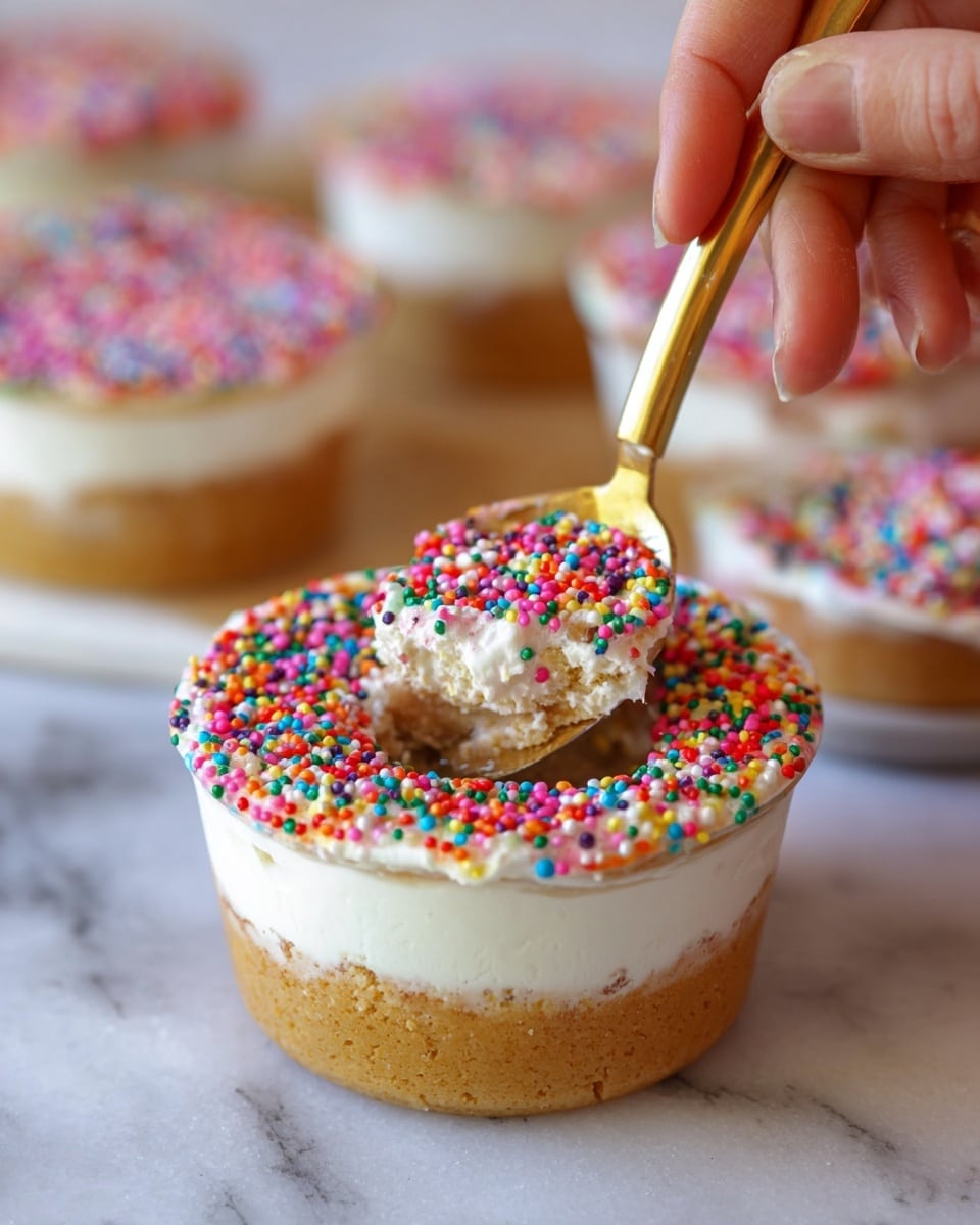A small round dessert cup with a thick golden-brown base layer, a middle layer of white creamy texture, and a top layer of white frosting covered densely with colorful round sprinkles. A woman's hand is holding a golden spoon, scooping the dessert from the center, revealing the layered inside. In the blurred background, there are other similar dessert cups. The surface is white marble. photo taken with an iphone --ar 4:5 --v 7