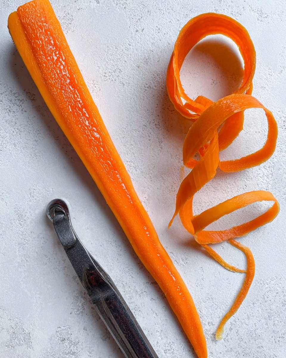 A long peeled carrot lies flat on a white marbled surface, showing its bright orange flesh with a slightly shiny and smooth texture. Beside the carrot is a thin, curly strip of carrot peel, spiraled in a loose shape with a vibrant, fresh orange color and a slightly rough texture. A metal peeler with a dark handle rests next to the carrot peel, contrasting with the bright orange and white background. The whole scene has a simple and clean look with natural light. photo taken with an iphone --ar 4:5 --v 7