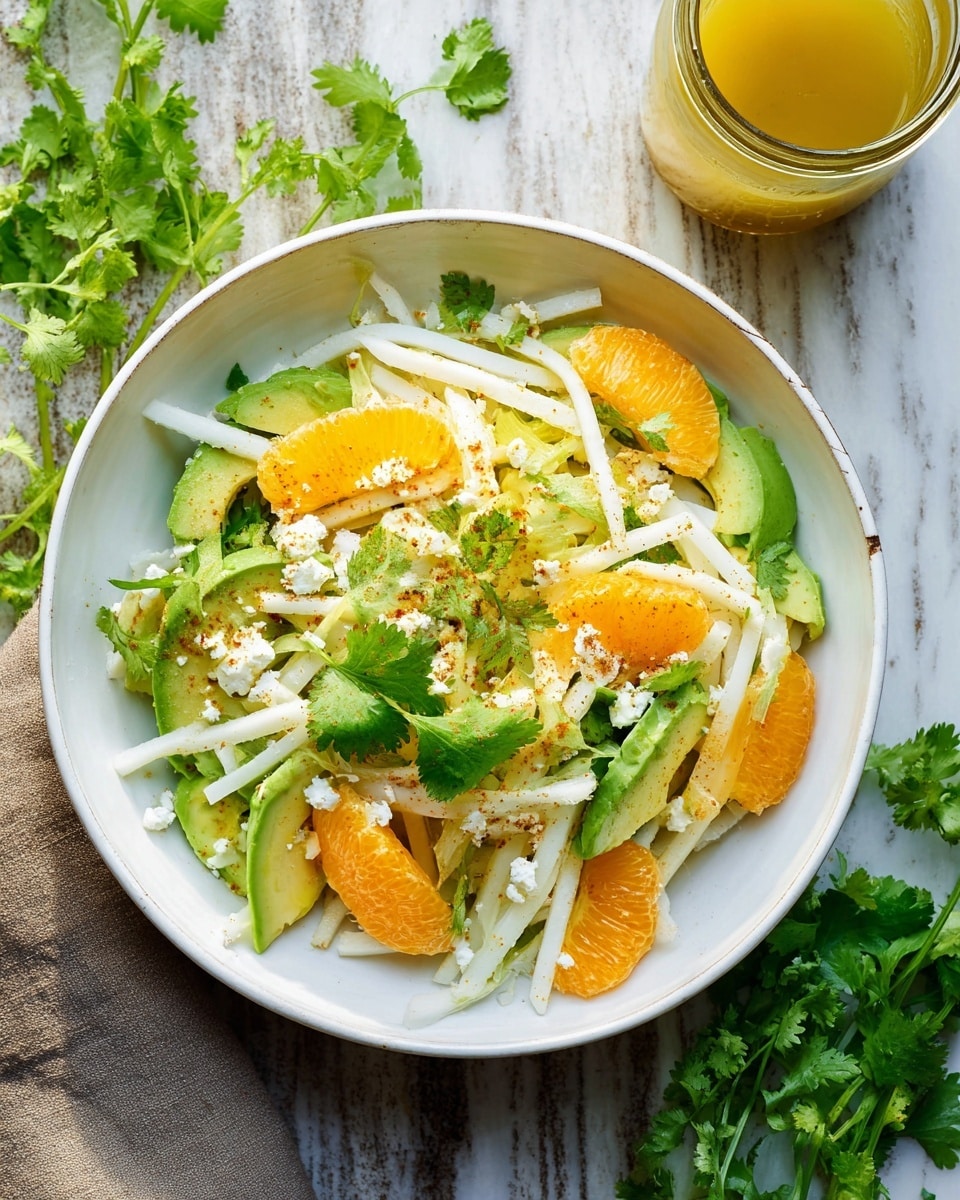 A white bowl holds a fresh salad with several layers: thin white sticks of jicama spread all over, bright orange segments placed on top, and slices of green avocado nestled among the other ingredients. Small white crumbles of cheese are scattered over the salad, along with fresh green cilantro leaves dotting the surface. A light sprinkle of a brownish spice adds color contrast. The bowl sits on a white marbled surface, with fresh cilantro sprigs and a glass jar of yellow dressing nearby. photo taken with an iphone --ar 4:5 --v 7