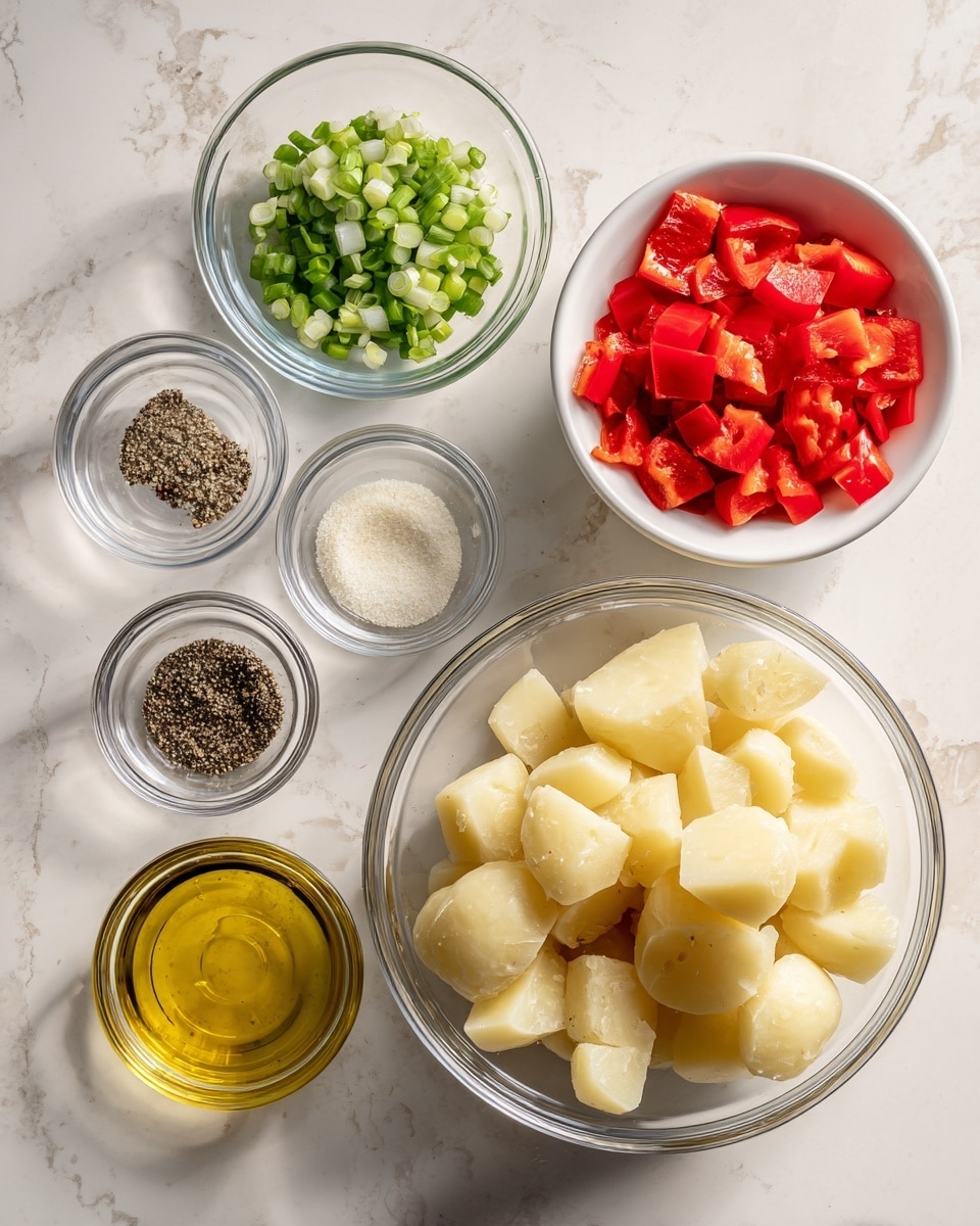 The image shows several small clear glass bowls and one white bowl on a white marbled surface. The largest clear bowl on the right holds peeled and trimmed potato pieces arranged in a pile with smooth surfaces and a pale yellow color. Next to it, a white bowl contains small diced red bell pepper pieces, bright and glossy. Above these, a clear glass bowl is filled with chopped green onions, vibrant and fresh. Three smaller clear glass bowls are lined up in a row to the left, containing ground black pepper, white granulated salt, and a light yellow powdered seasoning. Below them is another clear bowl filled with golden olive oil with a shiny surface. The arrangement is neat and colorful with a clean, bright look. Photo taken with an iphone --ar 4:5 --v 7